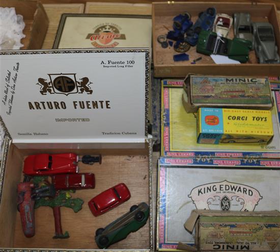 A collection of toy model cars including Tootsietoys